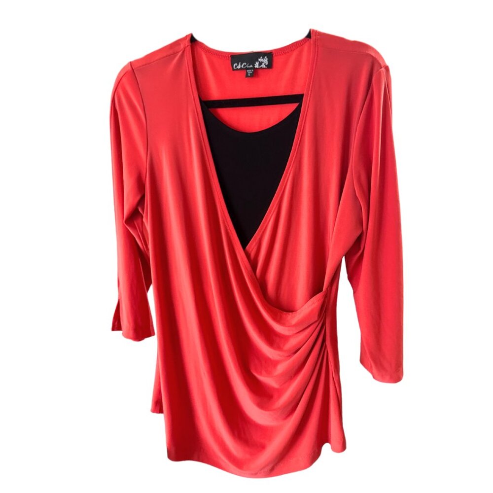 Red Black Criss Cross 2/4 sleeve Women's Blouse C&C Large